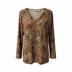 Susan Graver Mosaic Paisley Print V-Neck Top Brown Gold  | Size M/L | 22” P2P